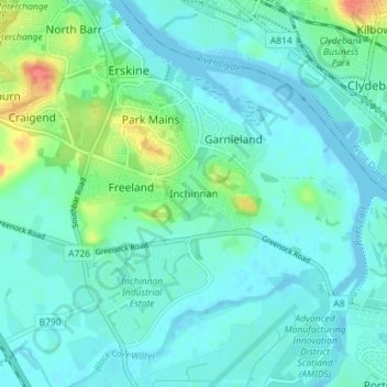 Topografisk kart Inchinnan, høyde, relieff