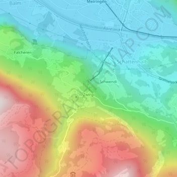 Topografisk kart Chutes du Reichenbach, høyde, relieff
