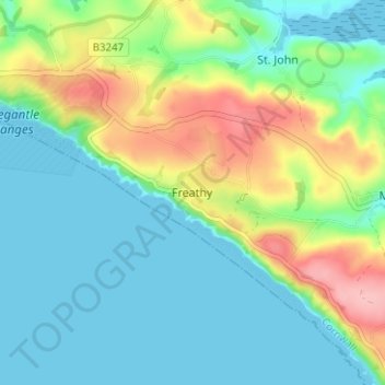 Topografisk kart Freathy, høyde, relieff