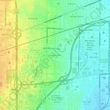 Topografisk kart Drexel Gardens, høyde, relieff