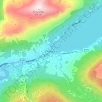 Topografisk kart Vassenden, høyde, relieff