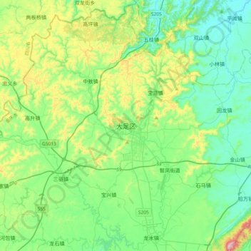 Topografisk kart Dazu, høyde, relieff