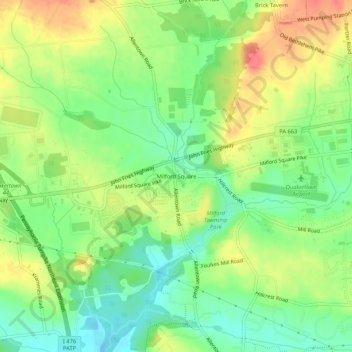 Topografisk kart Milford Square, høyde, relieff