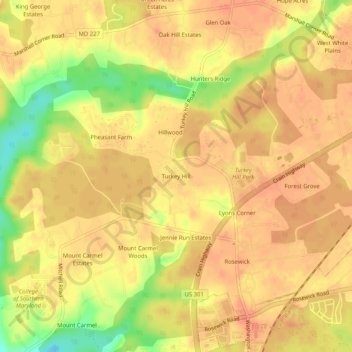 Topografisk kart Turkey Hill, høyde, relieff
