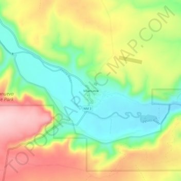 Topografisk kart Villanueva, høyde, relieff