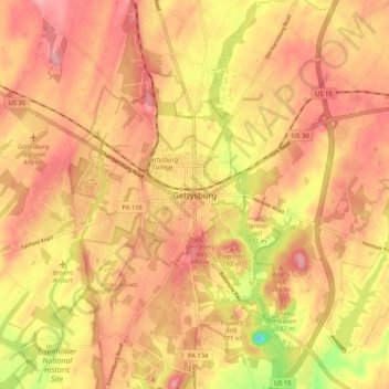 Topografisk kart Gettysburg, høyde, relieff