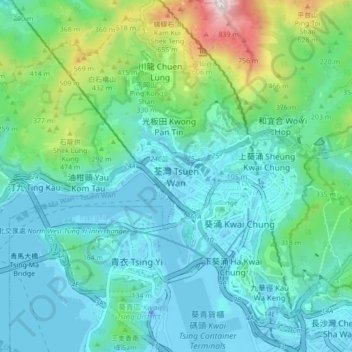 Topografisk kart Tsuen Wan, høyde, relieff