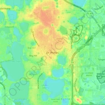 Topografisk kart Dr. Phillips, høyde, relieff