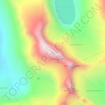 Topografisk kart Midtre Dyrhaugstinden Nord, høyde, relieff