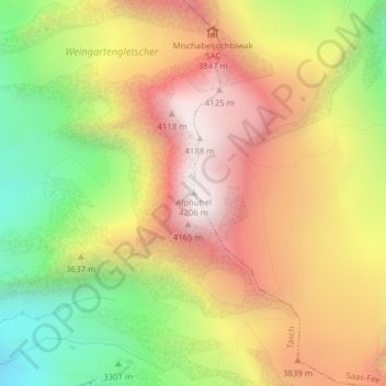 Topografisk kart Alphubel, høyde, relieff