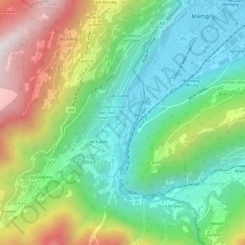Topografisk kart Martigny-Croix, høyde, relieff