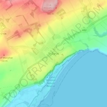 Topografisk kart St Cyrus, høyde, relieff