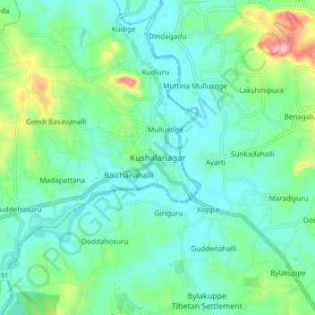 Topografisk kart Kushalanagara, høyde, relieff
