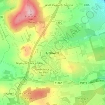 Topografisk kart Kingswells, høyde, relieff