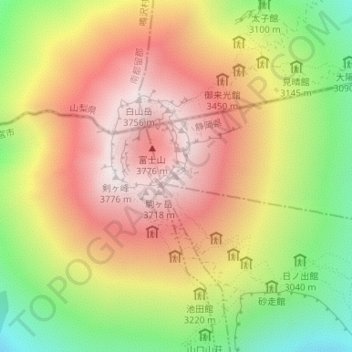 Topografisk kart 朝日岳, høyde, relieff