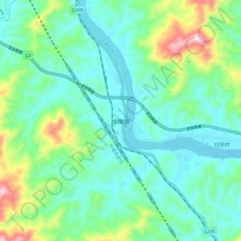 Topografisk kart Xudun, høyde, relieff