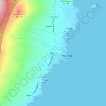 Topografisk kart Kakiʻo, høyde, relieff
