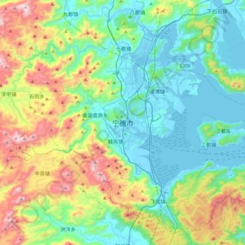 Topografisk kart Ningde, høyde, relieff