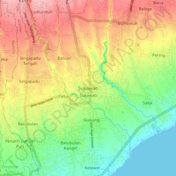 Topografisk kart Sukawati, høyde, relieff