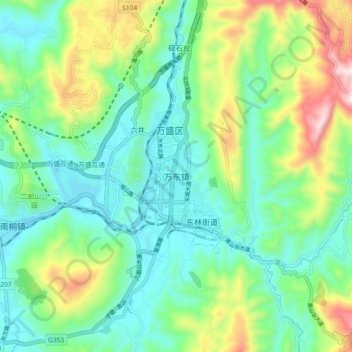 Topografisk kart Wandong, høyde, relieff