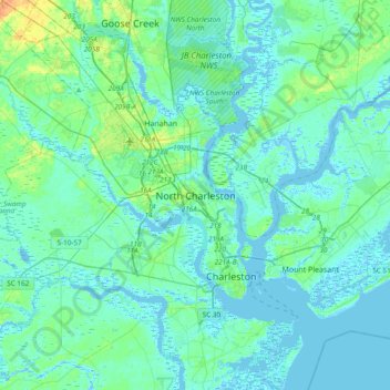 Topografisk kart North Charleston, høyde, relieff