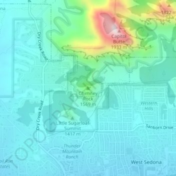 Topografisk kart Chimney Rock, høyde, relieff