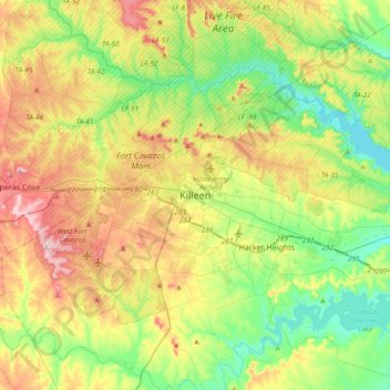 Topografisk kart Killeen, høyde, relieff