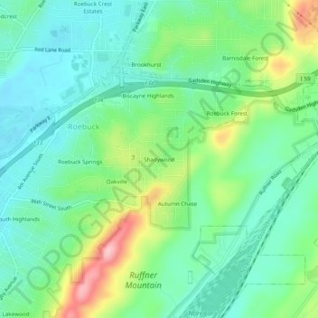 Topografisk kart Shadywood, høyde, relieff