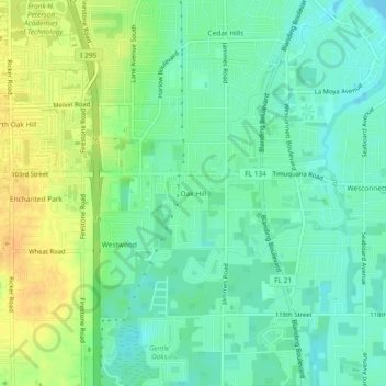 Topografisk kart Oak Hill, høyde, relieff