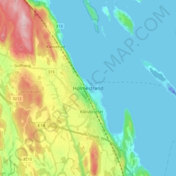 Topografisk kart Holmestrand, høyde, relieff