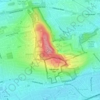 Topografisk kart Corstorphine Hill, høyde, relieff