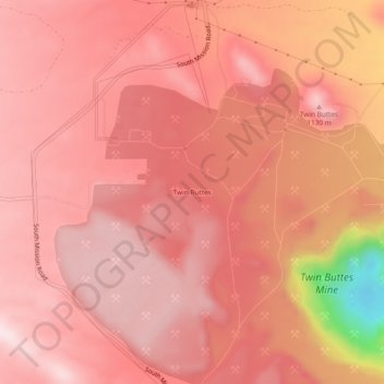 Topografisk kart Twin Buttes, høyde, relieff