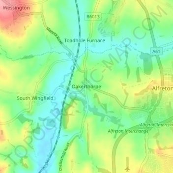 Topografisk kart Oakerthorpe, høyde, relieff