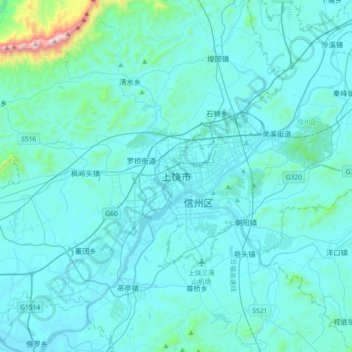 Topografisk kart Shangrao, høyde, relieff