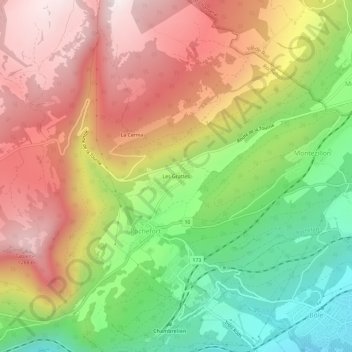 Topografisk kart Les Grattes, høyde, relieff