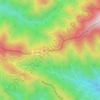 Topografisk kart Newfound Gap Overlook, høyde, relieff