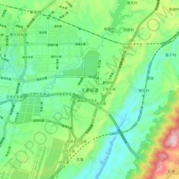 Topografisk kart Wangjia, høyde, relieff