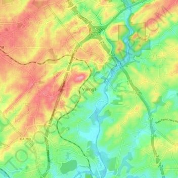 Topografisk kart Vinings, høyde, relieff