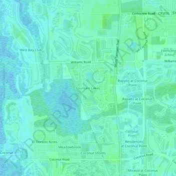 Topografisk kart Fountain Lakes, høyde, relieff