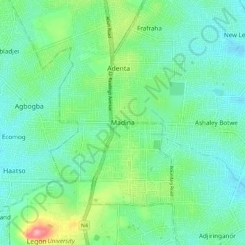 Topografisk kart Madina, høyde, relieff