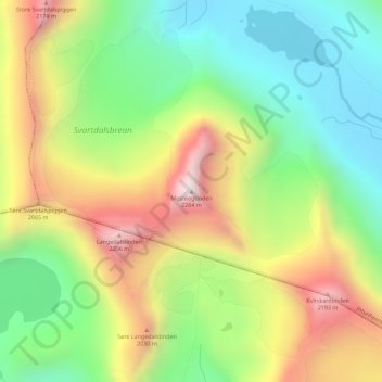 Topografisk kart Mesmogtinden, høyde, relieff