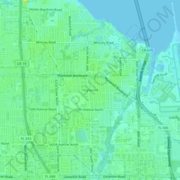 Topografisk kart Highpoint, høyde, relieff