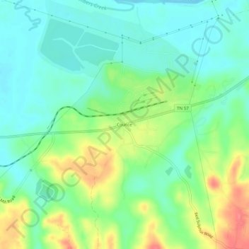 Topografisk kart Counce, høyde, relieff