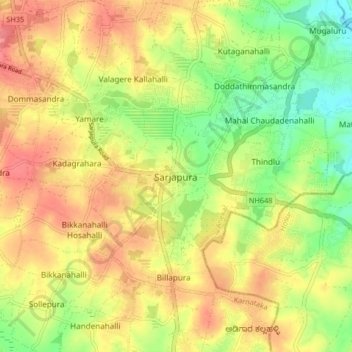 Topografisk kart Sarjapura, høyde, relieff