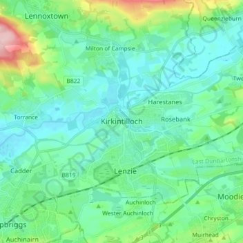 Topografisk kart Kirkintilloch, høyde, relieff