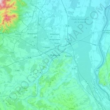 Topografisk kart Mulhouse, høyde, relieff