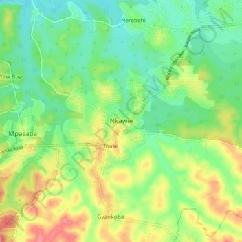 Topografisk kart Nkawie, høyde, relieff
