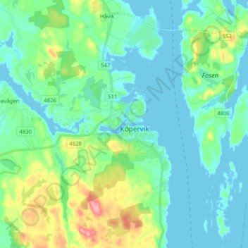 Topografisk kart Kopervik, høyde, relieff