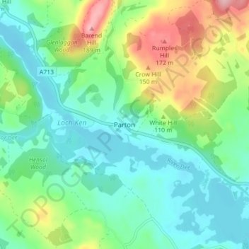Topografisk kart Parton, høyde, relieff