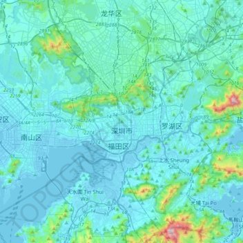 Topografisk kart Shenzhen, høyde, relieff